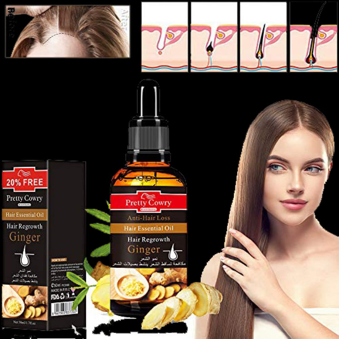 Pretty Cowry No Side Effects Natural Anti-hair Serum Hair Loss Products Nourishing Ginger Hair Growth Oil.